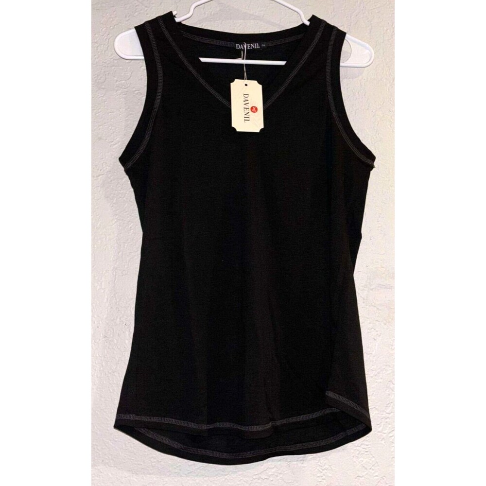 DAVENIL Womens Top S Black V Neck Tank Top Sleeveless Casual Loose Basic Shirt